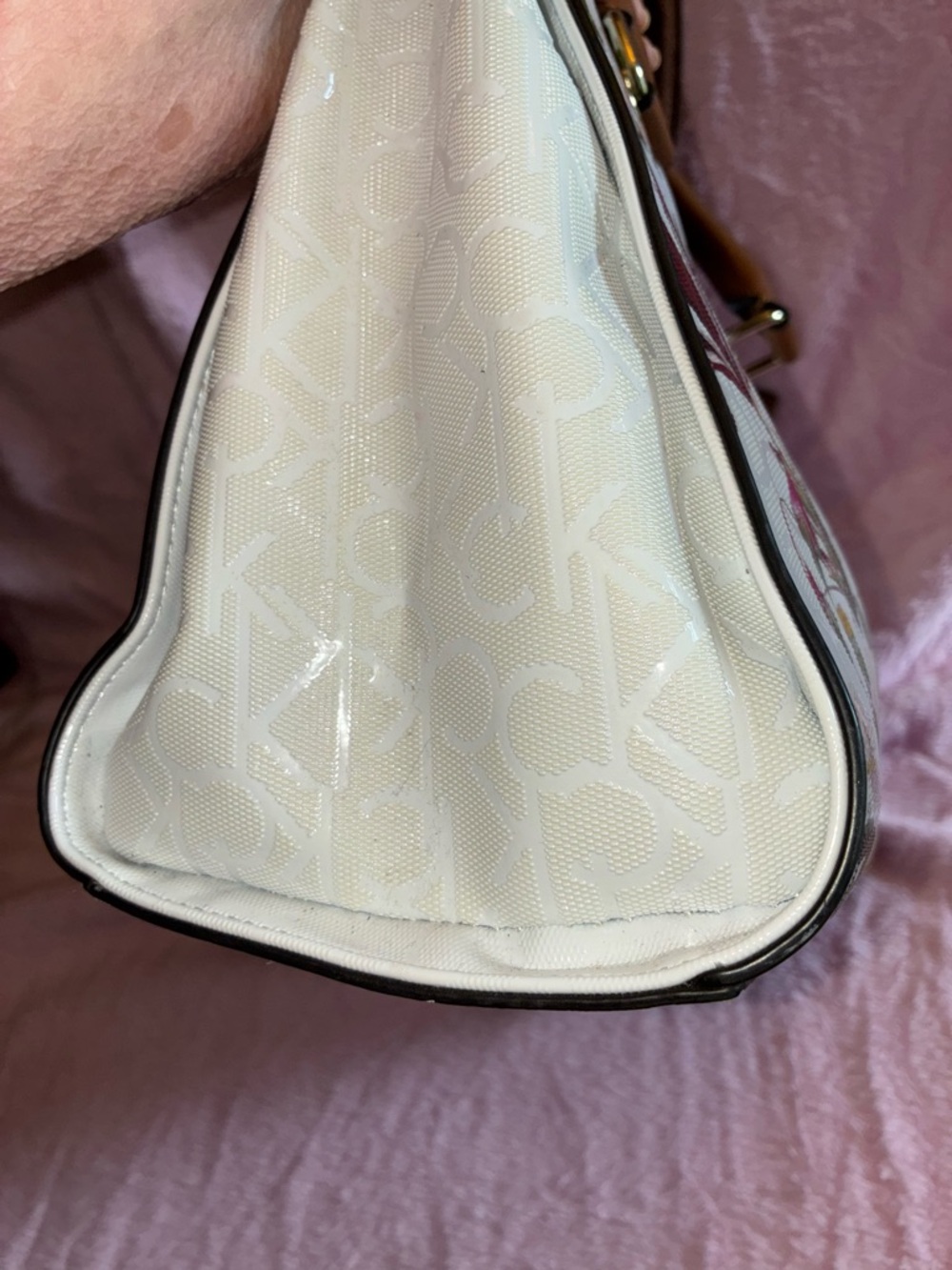 EUC! Beautiful Calvin Klein Monogram Floral Satchel/Crossbody w/Brown Strap - Picture 7 of 11